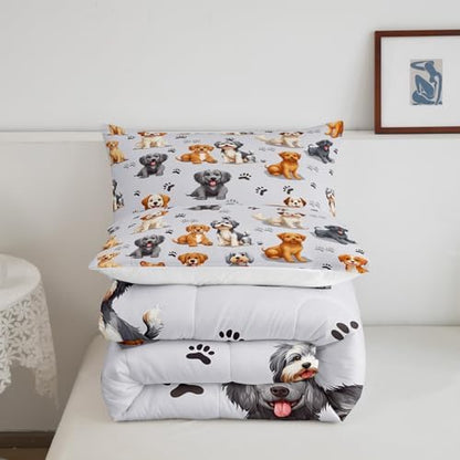 Kids Cute Dog Comforter Set Toddler Cartoon Dogs Bedding Set for Boys Girls Children Pet Dog Puppy Animal Lover Comforter Lovely Dog Paw Down Alternative Comforter for All Season Room Decor Twin Size
