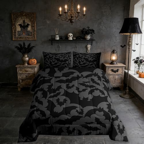 Castle Fairy Halloween Themed Comforter Set Twin Size,Black Bats Animal Print Bedding Set for Kids Boys Men,Dark Grey Color Quilted Duvet Set with 1 Pillowcase