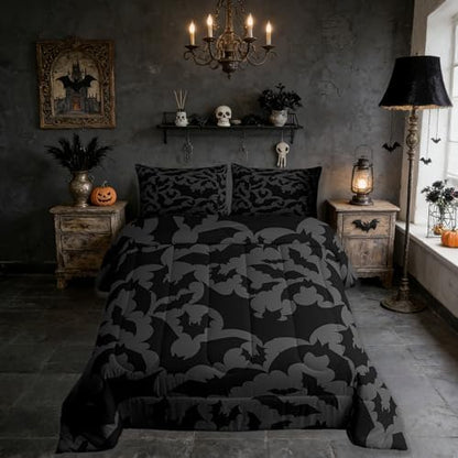 Castle Fairy Halloween Themed Comforter Set Twin Size,Black Bats Animal Print Bedding Set for Kids Boys Men,Dark Grey Color Quilted Duvet Set with 1 Pillowcase