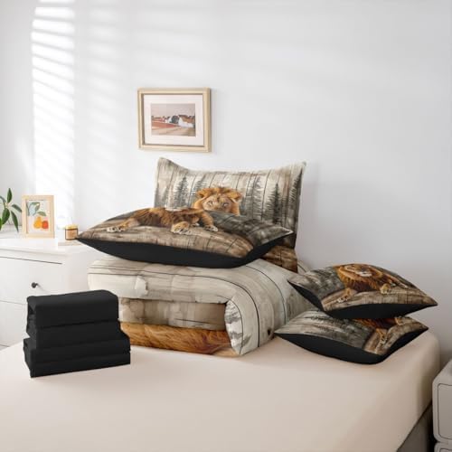Erosebridal 3D Lion Bed in A Bag 7 Pcs Wildlife Hunting Theme Comforter Set for Kids Teens Forest Pine Tree Bedding Sets Queen Country Woodland Animal Sheet Set with Comforter