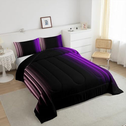 Feelyou Teens Abstract Ombre Decorations Bedding Set for Kids Women Pink Purple and Black Comforter Set Geometric Modern Quilt Set Room 3Pcs Full Size