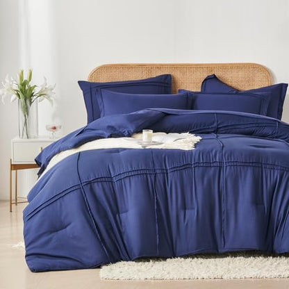 Yogeneg Full Size Comforter Set 7 Piece Bed in a Bag,Grid Pinch Pleat Navy Blue Bedding Set,Striped Textured Soft Microfiber Comforter with Sheet Set,All Season Complete Bed Set(Navy Blue,Full)