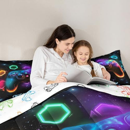 Custom Name Game Consoles Boys Full Size Bedding Set Gamer Gifts,Customized Gaming Comforter Sets for Boys Space Glow Geometric Kids Comforter Sets Red Green Blue Teal,Gamer Decor for Bedroom