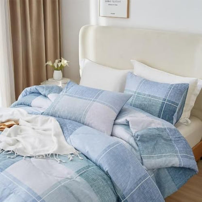 LifeTB Queen Comforter Set Modern Style Checkered Pattern Comforter for Men Boys Blue Plaid Printed Geometric Comforter with 2 Pillow Shams Fluffy Boho Grid Checkered Comforter Set Queen Size