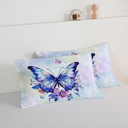HOSIMA Floral Purple Butterfly Comforter-Soft Microfiber,Fantasy Butterfly Aesthetics Queen Size Bed in a Bag for Kids Girls Teens Women,Mandala Preppy Bedding 3Piece with 2 Pillow Shams.