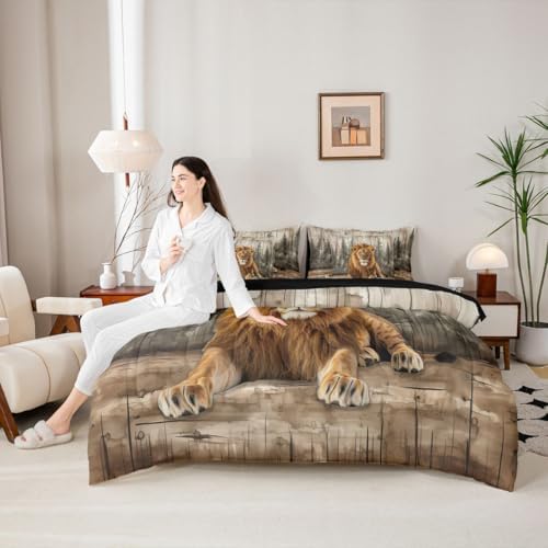 Erosebridal 3D Lion Bed in A Bag 7 Pcs Wildlife Hunting Theme Comforter Set for Kids Teens Forest Pine Tree Bedding Sets Queen Country Woodland Animal Sheet Set with Comforter