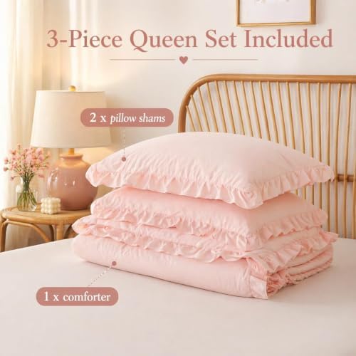 JANZAA Blush Pink Comforter Set Oversized King, Ruffle Soft Bedding