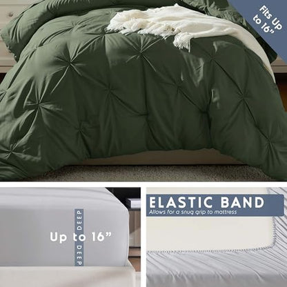 Nestl 7 Piece Twin Comforter Set – Olive Green Pinch Pleated Bed in a Bag – Complete Twin Size Bedding Set with Sheets, Set of 2 Cooling Pillows, Pillowcase and Sham