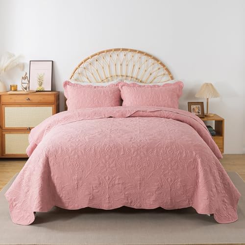 HoneiLife Quilt Sets King Size - 3 Piece Microfiber Quilt Set Lightweight Bedspreads Reversible Coverlets Rustic Bed Cover King Quilt Bedding Set All Season Quilts-Pink