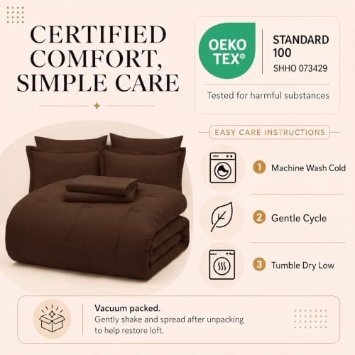 CozyLux Oversized Queen Comforter Set Brown, 7 Pieces Bed in a Bag