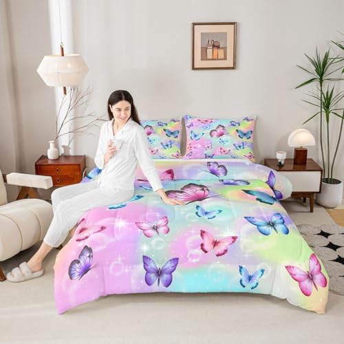 Rainbow Butterfly Comforter Set King Size For Girls Pink Blue Purple Watercolor Butterfly Quilt Bedding Sets Reversible Cute Colorful Stars Down Comforter,Pastel Tie Dye Duvet Insert 2 Pillow Cases