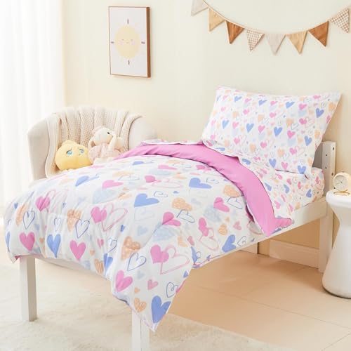 Mooreeke Toddler Bedding Sets for Girls, 4 Pieces Pink Heart Printed