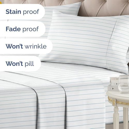 King 4 Piece Striped Sheet Set - Breathable & Cooling - Sky Blue Pinstripe