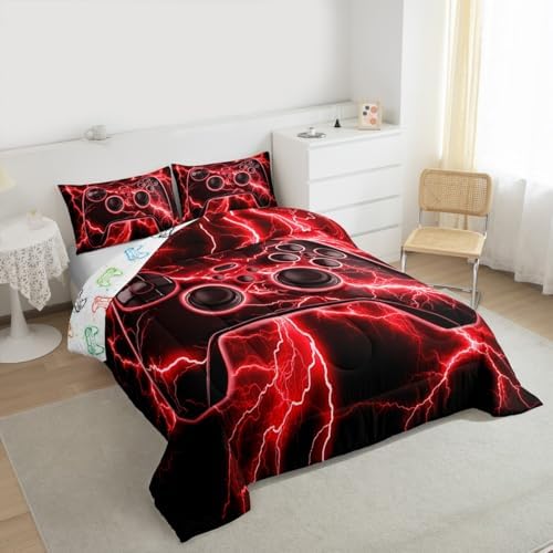 Erosebridal Gaming Comforter Set Gamer Girl Toddler Bedding Set, Retro Game Console Comforter Red Lightning Quilt,Kids Bedroom Decor