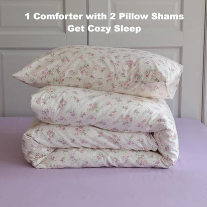LifeTB Vintage Garden Floral Comforter Set Queen Cute Pink Floral Bedding Comforter for Queen Bed Reversible Botanical Flowers Comforter with 2 Pillowcases Girls Cottagecore Bedding Comforter Set