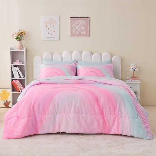 Wajade Girls Pink Comforter Set Bed in A Bag Full Size 7 Piece 3D Colorful Tie Dye Pink Rainbow Bedding Set for Teens Girls (1 Comforter, 1 Flat Sheet, 1 Fitted Sheet, 2 Pillowcase and 2 Pillow Sham)
