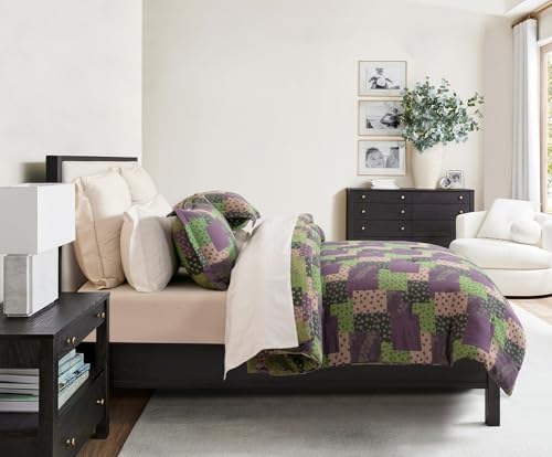 SLEEPBELLA Washed Double Layer Muslin 100% Cotton Comforter Set King Size, Purple Green Patchwork Fluffy Thick Checked Bedding Set, Soft Breathable (1 Comforter, 2 Pillow Shams)