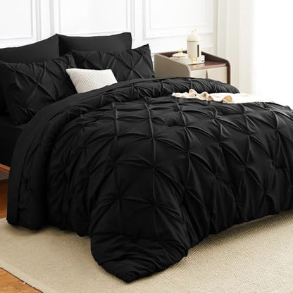 HIMEET Oversized King Comforter Set Black - 7 Pieces Pintuck Bed in a Bag