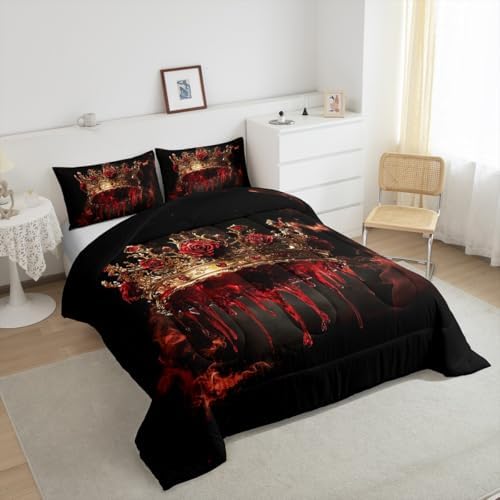 Golden Crown Kids Comforter Set Twin Size,Rose Flowers Smoke Gothic Romantic Bedding Set,Girls Boys Room Decor,Blood Western Halloween Quilt Comforter,Red Black Retro Duvet Insert,1 Pillowcase