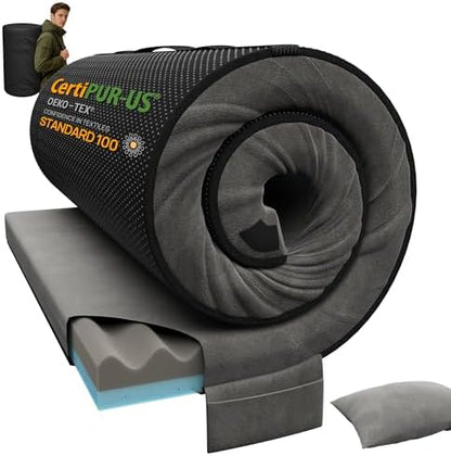 Releep 3 Inch Dual-Sided Memory Foam Camping Mattress, Waterproof Camping Sleeping Pad with Portable Pillow & Carry Bag, Roll Up Cot Mattress Mat for Guest Bed/Car/Tent