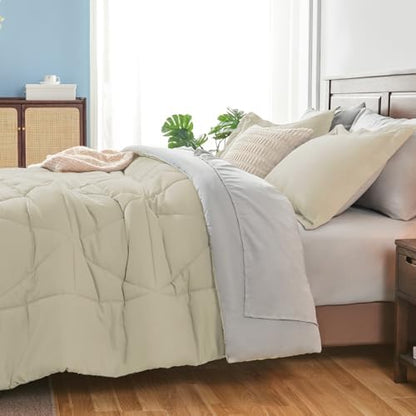 BEDELITE Queen Comforter Set 7 Pieces, Reversible Oatmeal Bed in A Bag