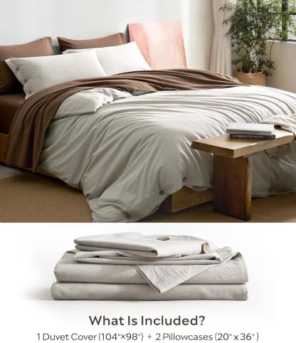JELLYMONI 100% Washed Cotton Natural Gray Duvet Cover Cal King, Linen-Like