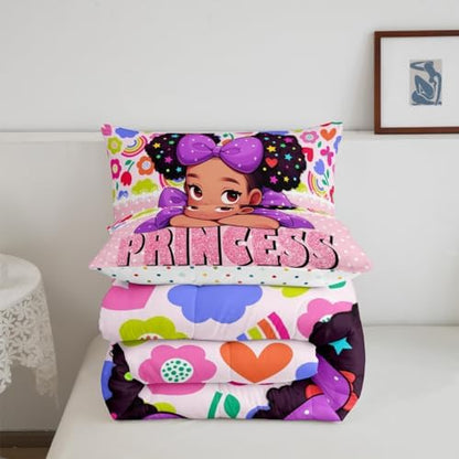 Black Pink Girl Comforter Set King Size,Princess Girls Pink Diamond Glitter Bedding Set 3Pcs,Cute African Theme Americans Quilt Set Women Teens Cartoon Colorful Flower Duvet Insert,2 Pillowcases