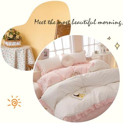 VM VOUGEMARKET Pink Ruffle Duvet Cover Set Twin Flower Prints 3 Pieces