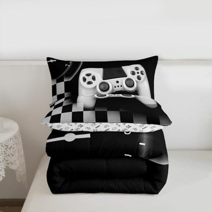 Erosebridal Gamer Comforter Set King,Gaming Bedding Set for Kids Teens,Black and Grey Buffalo Plaid Reversible Duvet Insert,Novelty Gamepad Pattern Down Comforter with 2 Pillow Shams Lightweight