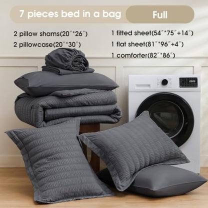 FreshCulture Comforter Set Seersucker 7 Pieces, All Season Bedding Set Full, Bed in a Bag Comforter Set with 1 Comforter, 1 Flat Sheet, 1 Fitted Sheet, 2 Pillowcases and 2 Pillow Shams, Ivory