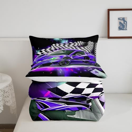 Purple Race Car Comforter Set Toddle Size, Black White Lattice Bedding Set 2pcs for Kids Boys Teens Room Decor,Extreme Sport Games Quilt Set,Cool Modern Duvet Insert with 1 Pillowcase