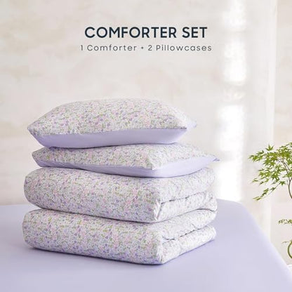 Wake In Cloud - Floral Comforter Set, Cute Vintage Flower Cottagecore Aesthetic for Women Teen Girls, Soft Lightweight Dorm Bedding, 3 Pieces, Lilac, Twin/Twin XL Size