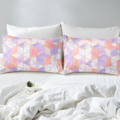 Plaid Comforter Cover Adult Women Geometric Grids Print Bedding Set King Size Pink Grey Tie Dye Graffiti Style Duvet Cover Checkered Home Bedroom Decor Modern Simple Soft Reversible Bedding Collection