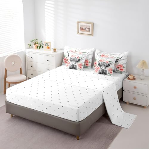 Erosebridal Highland Cow Flower Queen Comforter Set with Sheets 7 Piece Rose Grey Marble Bed in A Bag Western Funny Animal Bedding Sets for Kids Boys,Wildlife Farmhouse Cattle Bed Set