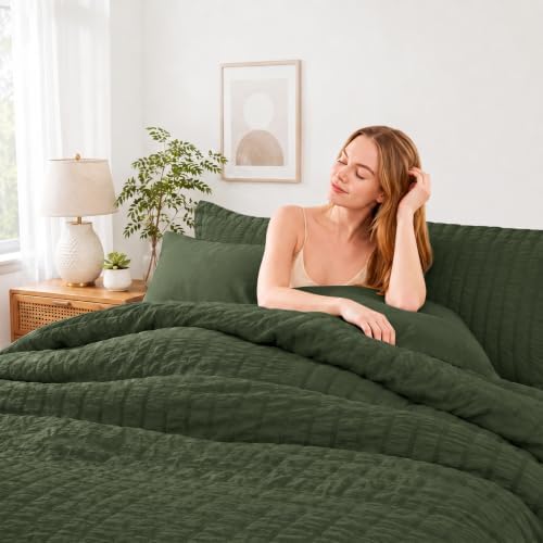 HIMEET Full Comforter Sets, 7-Piece Seersucker Bed in a Bag, Olive Green