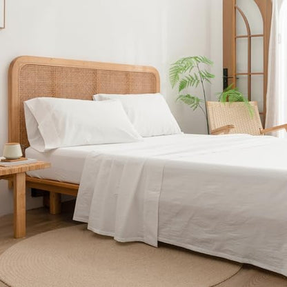 BESTOUCH Cal King Washed Cotton Linen Feel Sheet Set, 4 Pcs Solid Off White