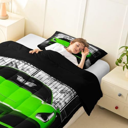 Feelyou Boys Green Race Car Comforter Set Full Size Green Luxury Car Bedding Set for Kids Boys Girls Extreme Sports Duvet Quilt Fast and Furious Bedroom Decor 3 Pcs with 2 Pillow Cases