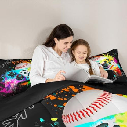 Erosebridal Gaming Bedding Set - Baseball Full Comforter Set, Watercolor Game Console Comforter Set, Rainbow Tie Dye Sports Bedding Set for Boys, Gamer Decor for Boys' Bedroom