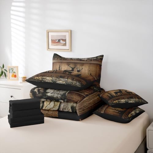 Erosebridal 7 Piece Hunting Deer Queen Size Comforter Set Rustic Cabin Western Bedding Sets with Sheets | Woodland Wildlife Print Bed in A Bag for Kids Adults Farmhouse Wooden Stone Decor Bed Set