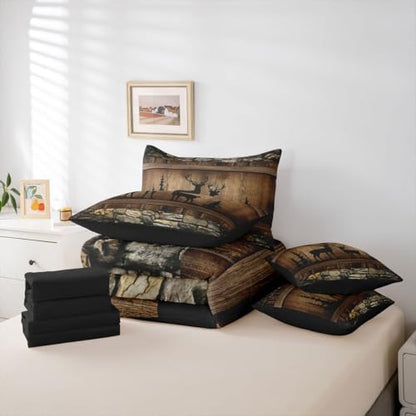 Erosebridal 7 Piece Hunting Deer Queen Size Comforter Set Rustic Cabin Western Bedding Sets with Sheets | Woodland Wildlife Print Bed in A Bag for Kids Adults Farmhouse Wooden Stone Decor Bed Set