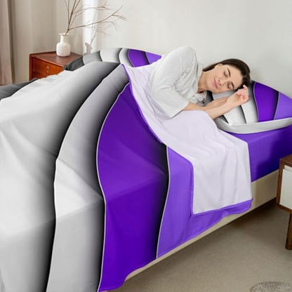 Feelyou Abstract Ombre Purple Grey White Bed Sheets Men Adults Teens Ocean Waves Striped Sheet Set Kids Boys Girls Modern Gradient Contemporary Bed Set Bedroom Collection 4Pcs Full Size