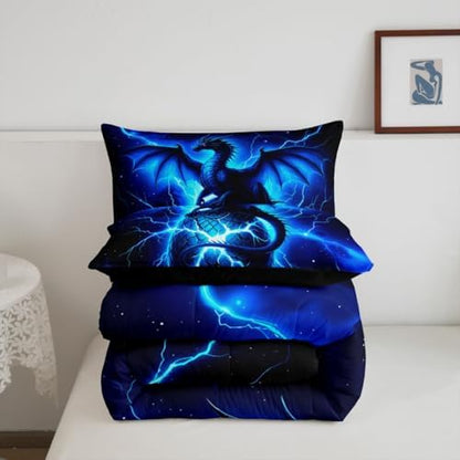 Feelyou Dragon Kids Comforter Set King Size Chic Outer Space Starry Sky Bedding Set ungle Animals Dragon Duvet Quilt for Kids Boys Girls Bedroom Black Blue Decor Microfiber Ultra Soft Breathable
