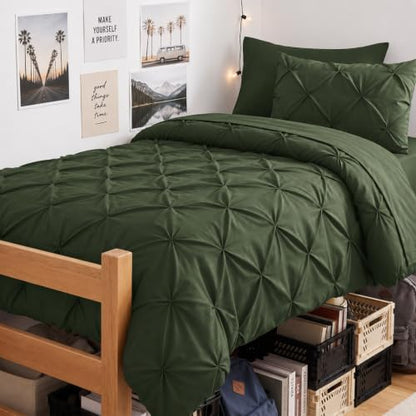 CozyLux Twin Comforter Set Olive Green, 5 Pieces Pintuck Bed in a Bag