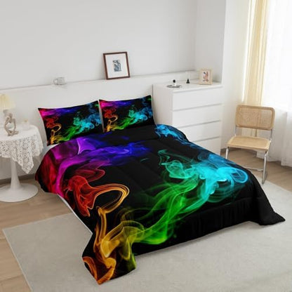 Erosebridal Psychedelic Smoke Comforter Set King,Rainbow Smoke Bedding Set Trippy Smoky Down Comforter for Kids Boys Girls Teens,Abstract Grunge Teal Blue Quilt Duvet Set Bedroom Decor 3 Pcs