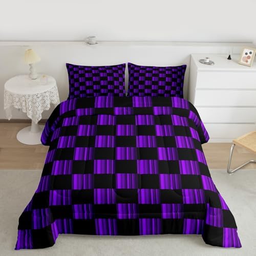 Feelyou Checkered Bedding Set for Boys Girls Abstract Ombre Comforter Set Toddler Size Modern Geometric Purple Black Duvet Quilt Cute Neutral Aesthetic Plaid Bedroom Decor 2 Pcs with 1 Pillow Cases