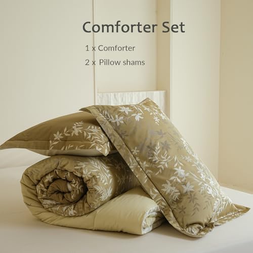 Comforter King Size - 100% Cotton Gradient Mustard Yellow Botanical Reversible Comforter Set, Luxury and Breathable Bedding Set for All Season, 3 Pieces, 104"x90"