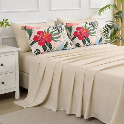 Yogeneg 7 Piece Bed in a Bag King Size Comforter Set Beige Bedding Set,Pink Floral Green Leaves Pattern Reversible Design,Soft Microfiber Comforter with Sheet Set,All Season(Beige,King)