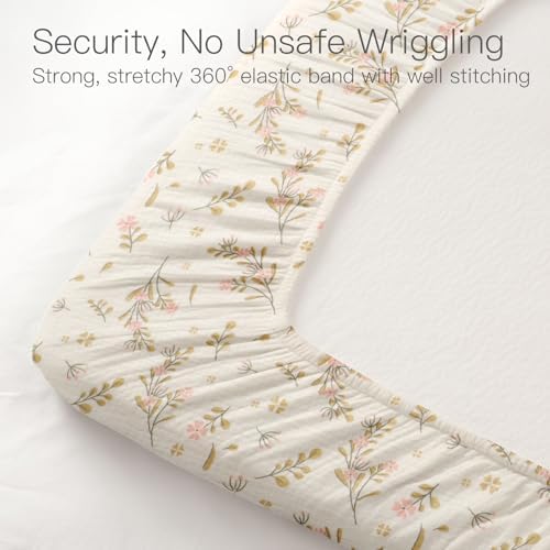 Organic Baby Crib Sheets 52x28 Inches 2 Pack 100% Muslin Cotton Soft Fitted Crib Mattress Sheet for Baby Girls, Boho Toddler Bed Sheets Fits Well Standard Size Crib Mattress 28x52 Inches Floral & Pink