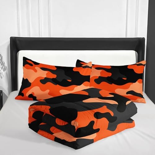 Nttopship Camo Comforter Set for Girls Men，King Size Orange Camouflage Bedding Sets for Kids Boys,Ultra Soft Lightweight Bedding Sets，Kids Room Decor with 1 Comforter with 2 Pillow Case