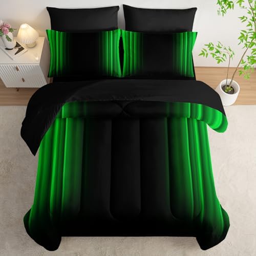 Nttopship Green and Black Bedding Set King Size Abstract Ombre Comforter Set Bedding Set 7 Piece in A Bag,Dark Quilt Set Mordern Art Decor All Seasons with Pillowcases,Flat, Fitted Sheet